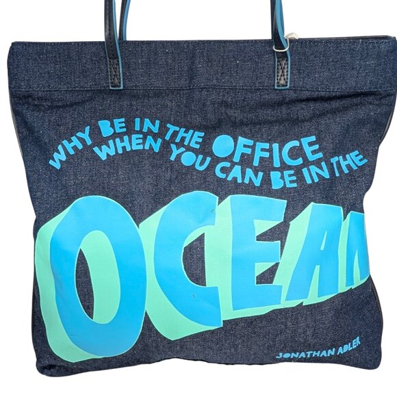 Jonathan Adler NWT Denim Caribbean Why Be In The Office Ocean Printed Tote Bag - Picture 2 of 10